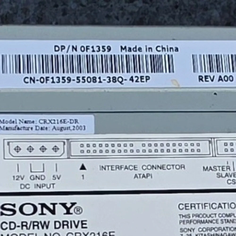 Sony CRX216E-DR CD-R/RW Internal Drive ATAPI IDE 52x‎ DP/N 0F1359 Vintage 2003